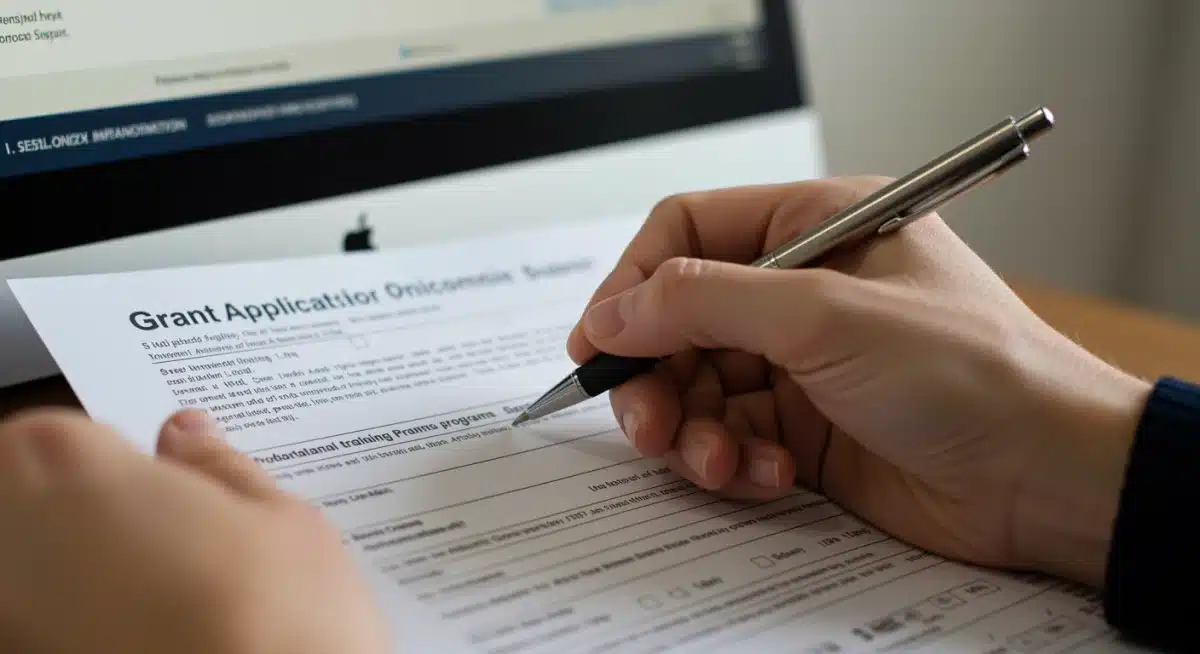 Person meticulously filling out a federal vocational training grant application form.