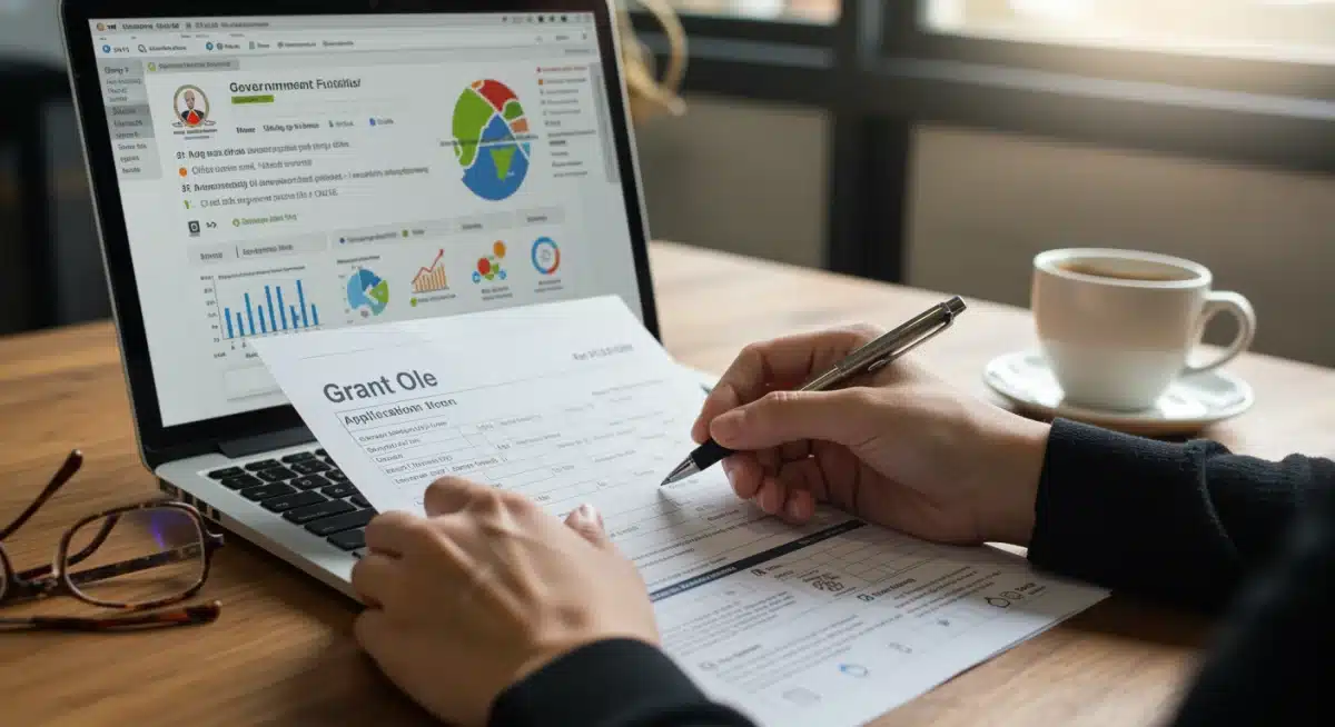 Hands filling out a detailed grant application form with a laptop showing federal funding websites in the background.