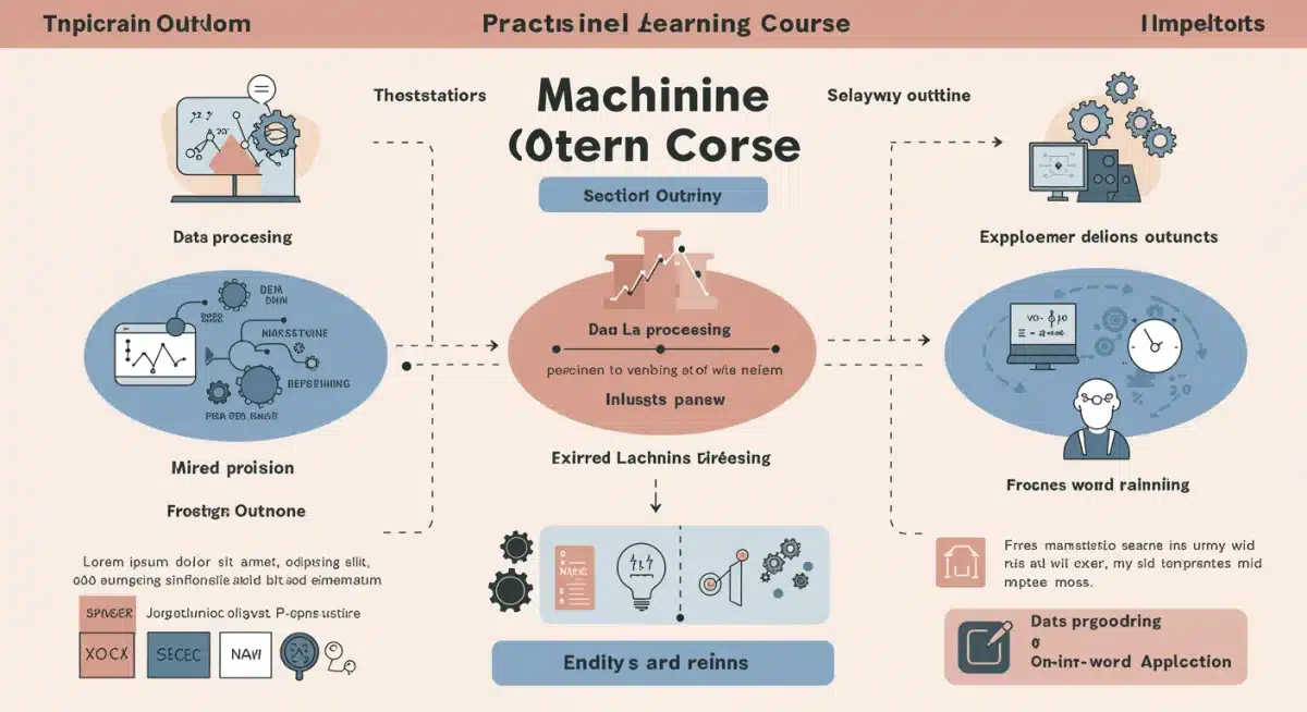 Infographic detailing curriculum and learning outcomes for a practical machine learning course.
