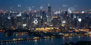Modern city skyline at dusk with glowing infrastructure and legal document overlay, symbolizing federal legislative impact on urban planning.