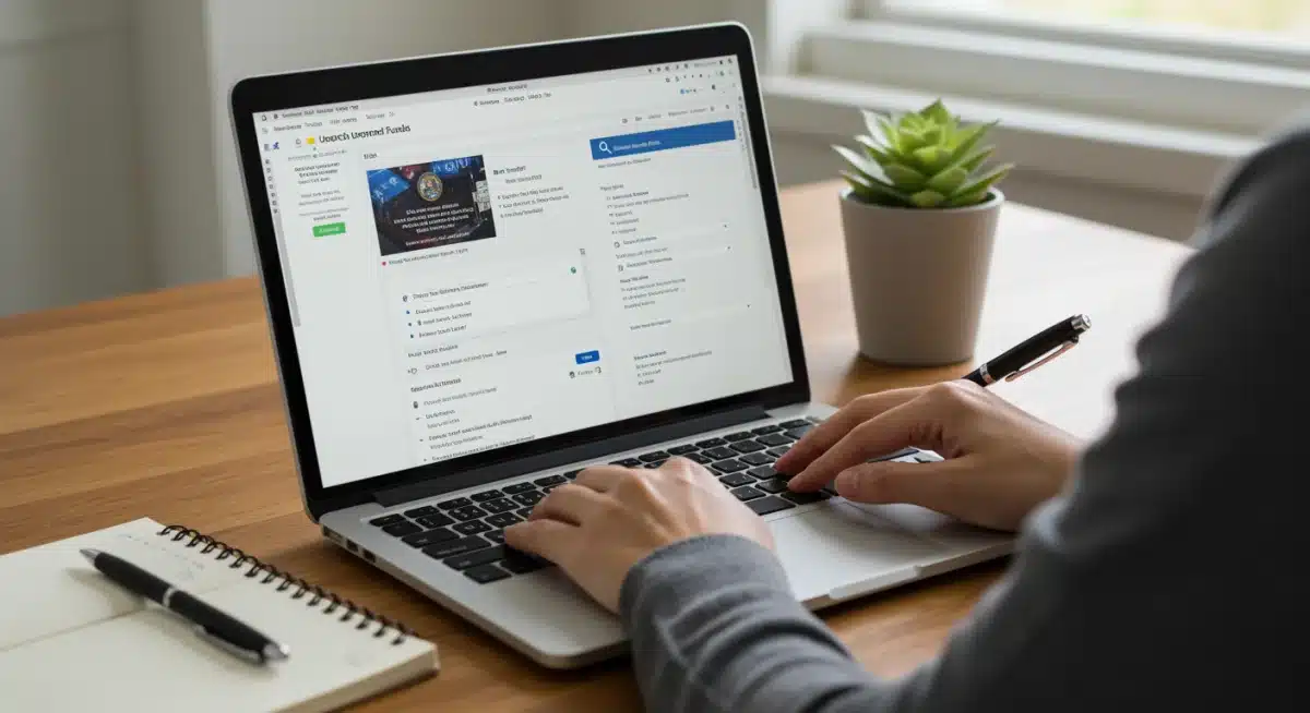 Person searching for unclaimed funds online, laptop displaying government websites