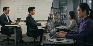 Professionals engaging in both online and in-person executive education programs, highlighting the contrast and benefits of each format for 2025.