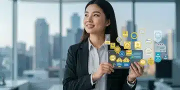 Professional woman with micro-credential badges on tablet, symbolizing career growth and salary increase in the US job market.