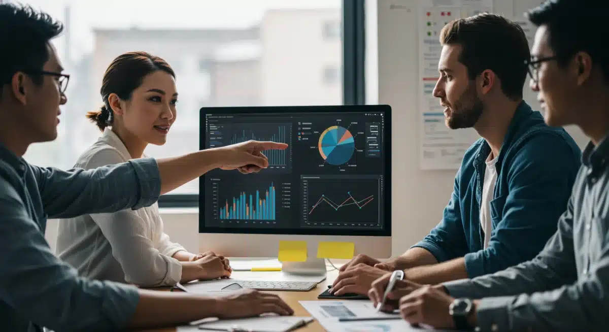 Diverse US professionals applying new skills from LinkedIn Learning in a team project setting.