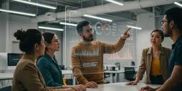 Professionals analyzing future job market trends on a digital display