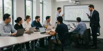 Diverse professionals learning new skills in a modern training environment, focused on workforce reskilling.