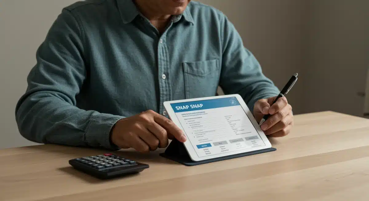 Person reviewing SNAP eligibility documents and income guidelines on a tablet.
