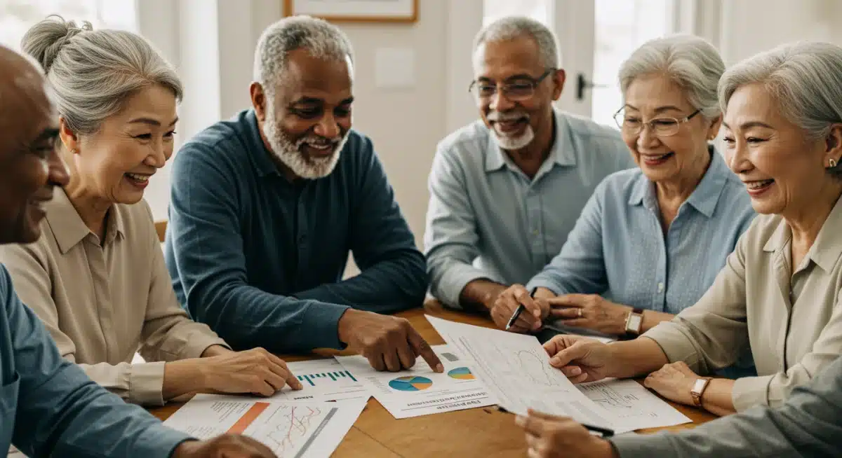 Group of seniors discussing Social Security benefit statements and financial planning.