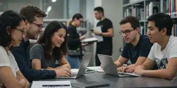 Students discussing financial aid in a university library setting