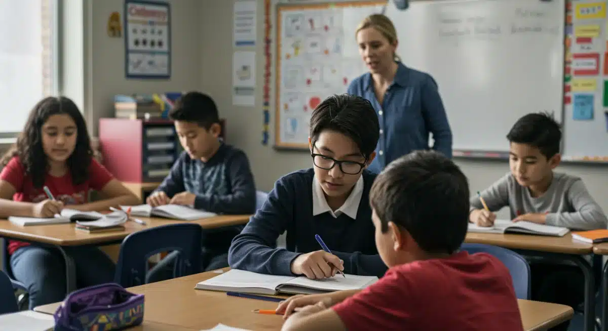 Diverse students engaged with teacher in modern classroom, enhanced by federal funding.