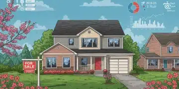 Suburban house with 'For Sale' sign, economic charts in background, representing 2025 housing market trends and affordability challenges in the US.
