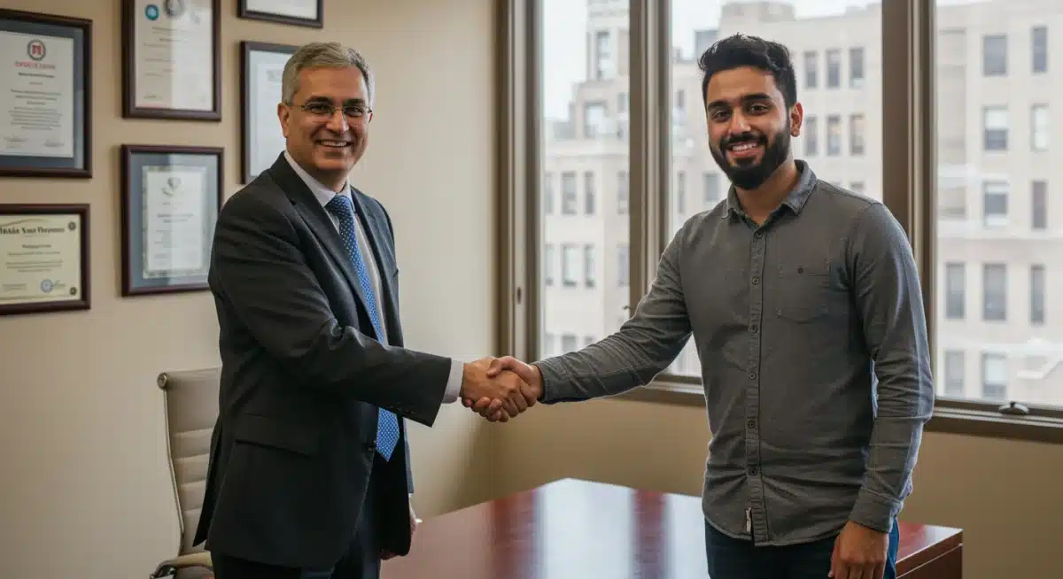 Intern shaking hands with manager after job offer
