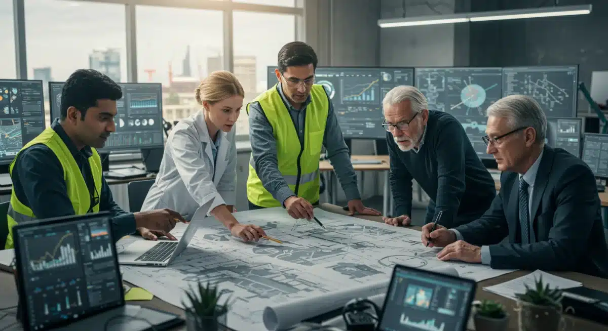 Engineers and project managers reviewing sustainable infrastructure plans on a tablet.