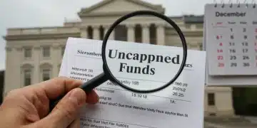 Hand with magnifying glass over 'Unclaimed Funds' document, government buildings in background