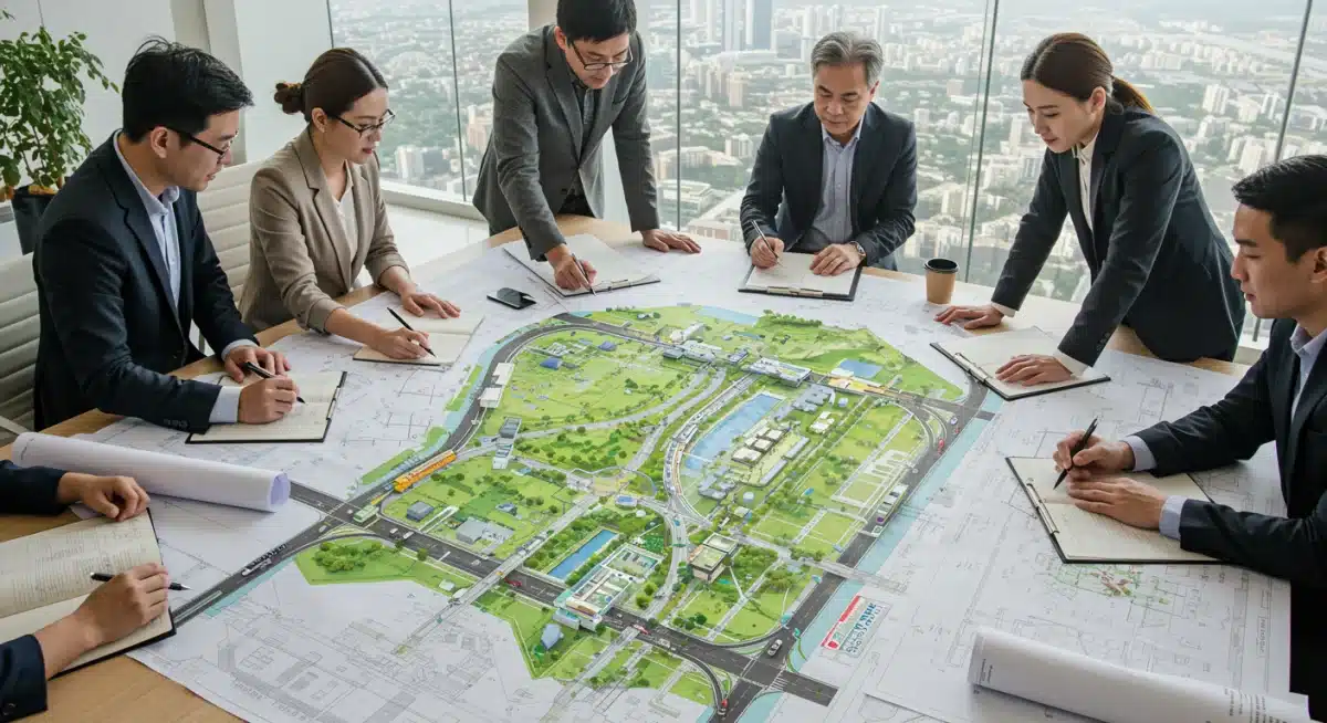 Engineers reviewing a detailed blueprint of an urban development plan.