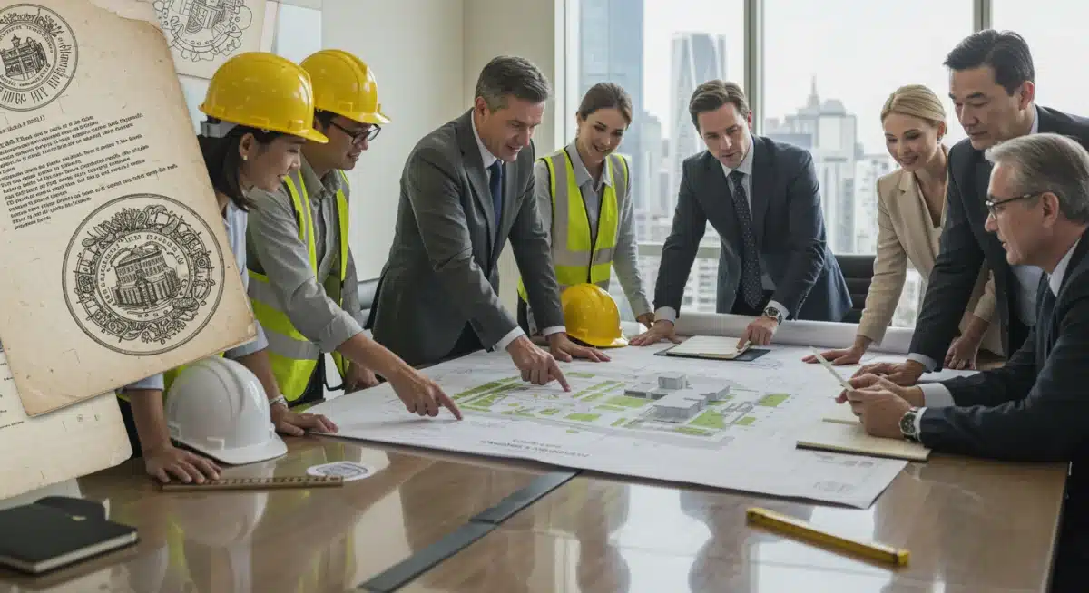 Architectural blueprint on conference table with professionals discussing urban development and federal policy.