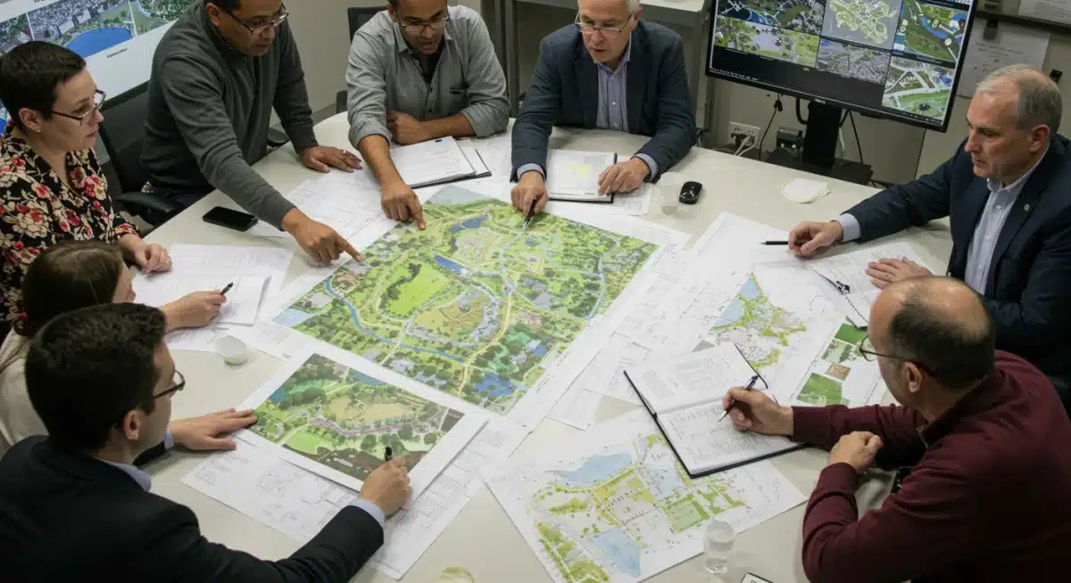 Urban planners discussing park development with federal funding