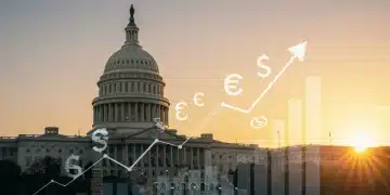 Graph showing economic growth with government buildings and money symbols, representing U.S. government spending influence on the economy in 2025.