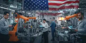 Modern US manufacturing facility with robotics and diverse workforce, symbolizing industrial resilience.