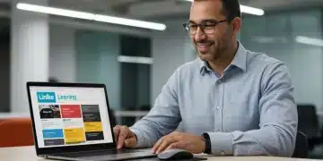 US professional using LinkedIn Learning on laptop for career development.