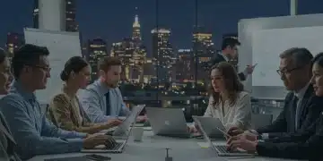 Diverse US professionals learning collaboratively in a modern, tech-driven environment for future competitiveness.