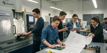 Students working in a modern vocational training facility, highlighting federal grant opportunities.