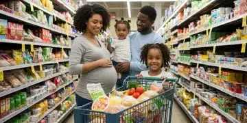 Family shopping for healthy WIC-eligible groceries in a supermarket