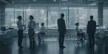 Professionals collaborating in a modern office, representing future job market growth and innovation.