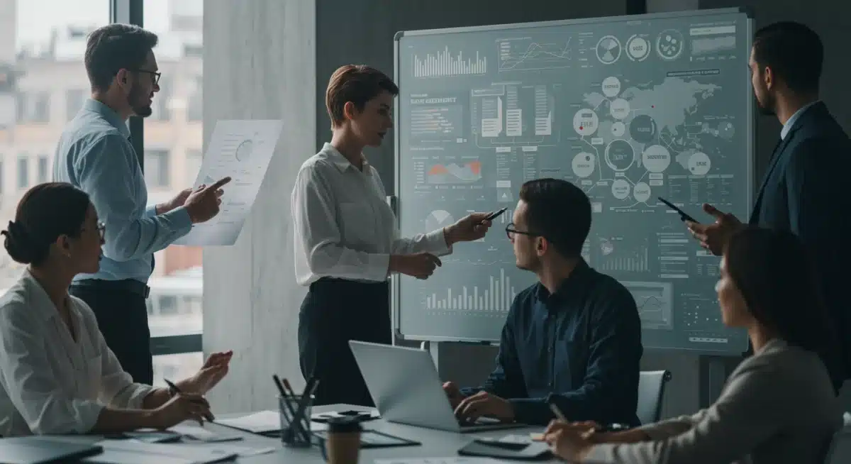 Business team collaborating on strategic planning for economic uncertainty