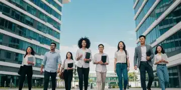 Recent college graduates confidently approaching a modern office building, ready for the 2026 job market