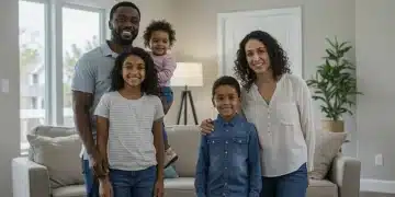 Family smiling in their new apartment, symbolizing housing stability