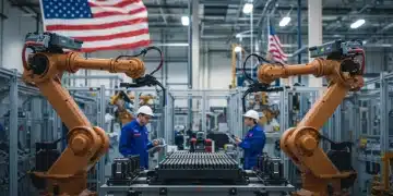 Modern US factory floor with robotics and skilled workers