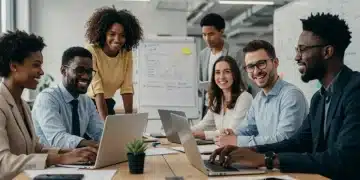 Professionals collaborating in a modern office after advanced degree completion