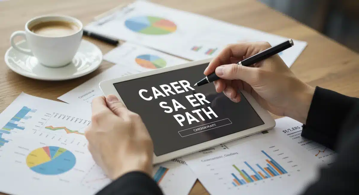Hand highlighting career path on tablet, strategic planning