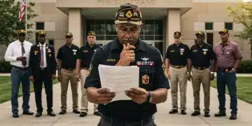 Veterans reviewing benefits information in front of a government building, representing 2026 updates.