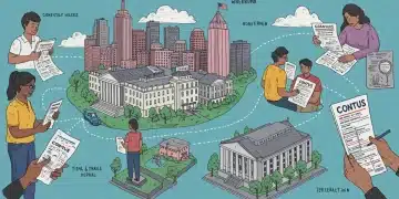 Diverse community members filling out census forms, symbolizing federal data collection and its impact on local resources.