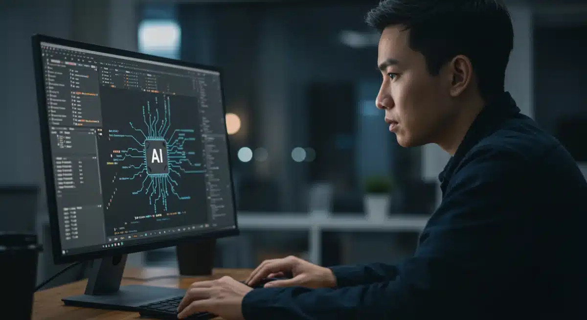 Individual learning and applying AI concepts on a computer, demonstrating AI literacy.