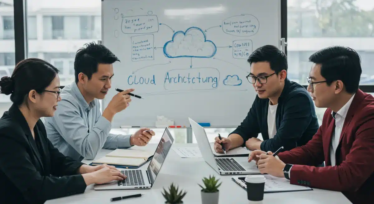 IT professionals collaborating on cloud architecture diagrams