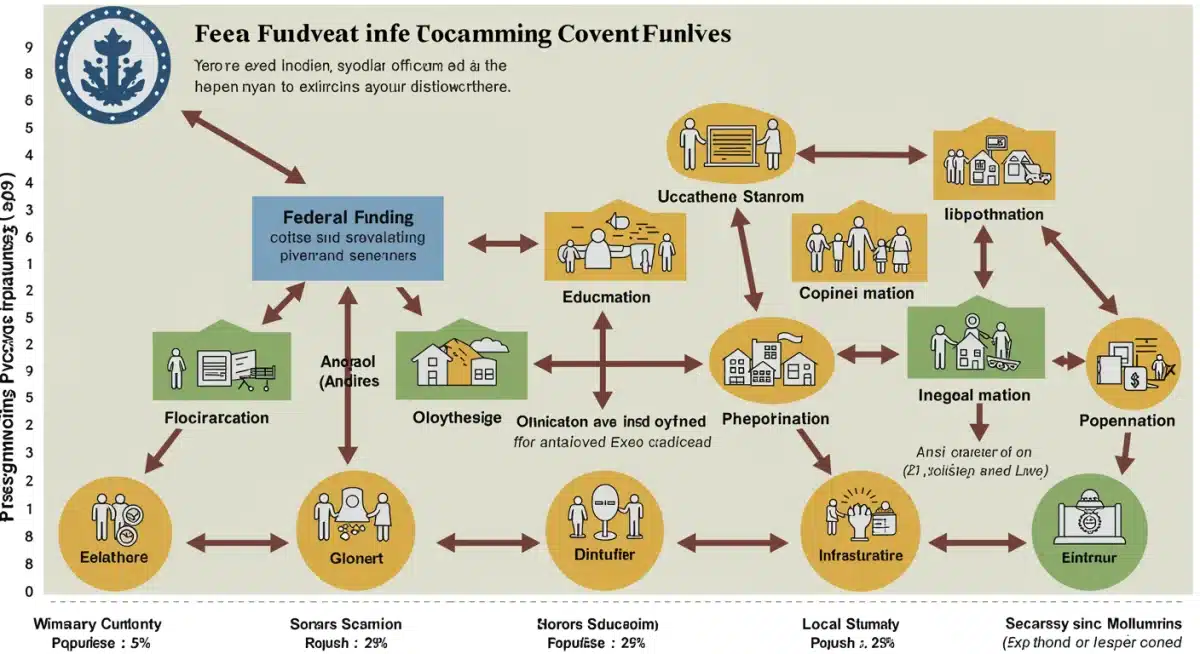 Infographic illustrating federal funding distribution to local communities based on census data, showing categories like healthcare and education.