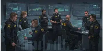 Federal law enforcement officers reviewing crime data and strategies in a high-tech command center