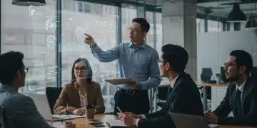 Professionals collaborating in a modern office, discussing future job market skills and technology trends.