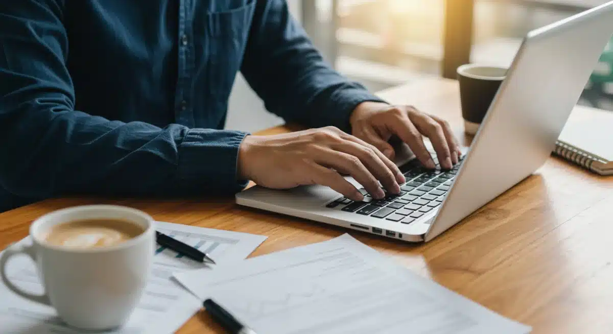 Small business owner meticulously preparing federal funding application