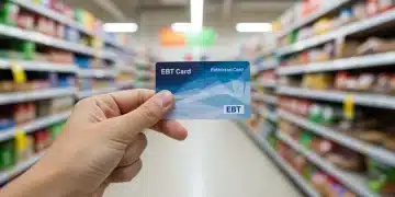Hand holding an EBT card at a grocery store checkout, symbolizing upcoming SNAP EBT changes.