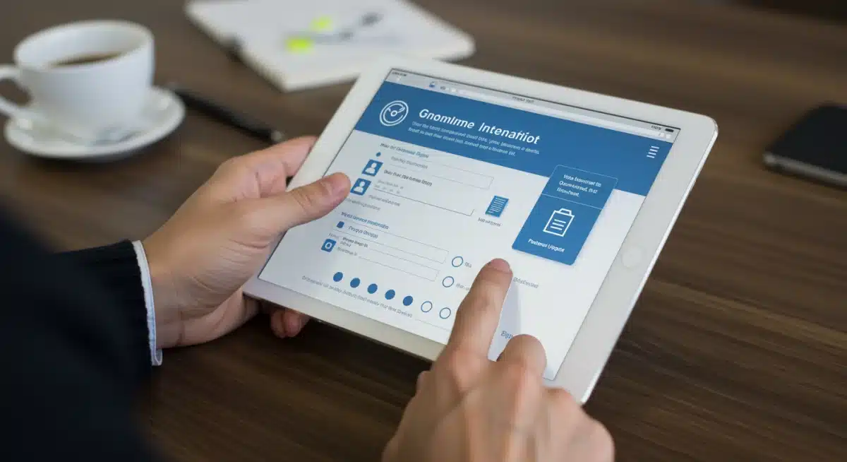 Hands using a tablet to navigate the new digital federal benefits application portal.