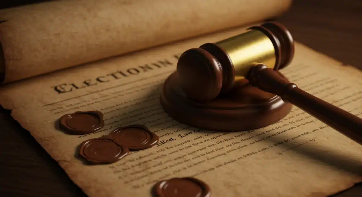 Gavel resting on a legal document, representing election law and justice.