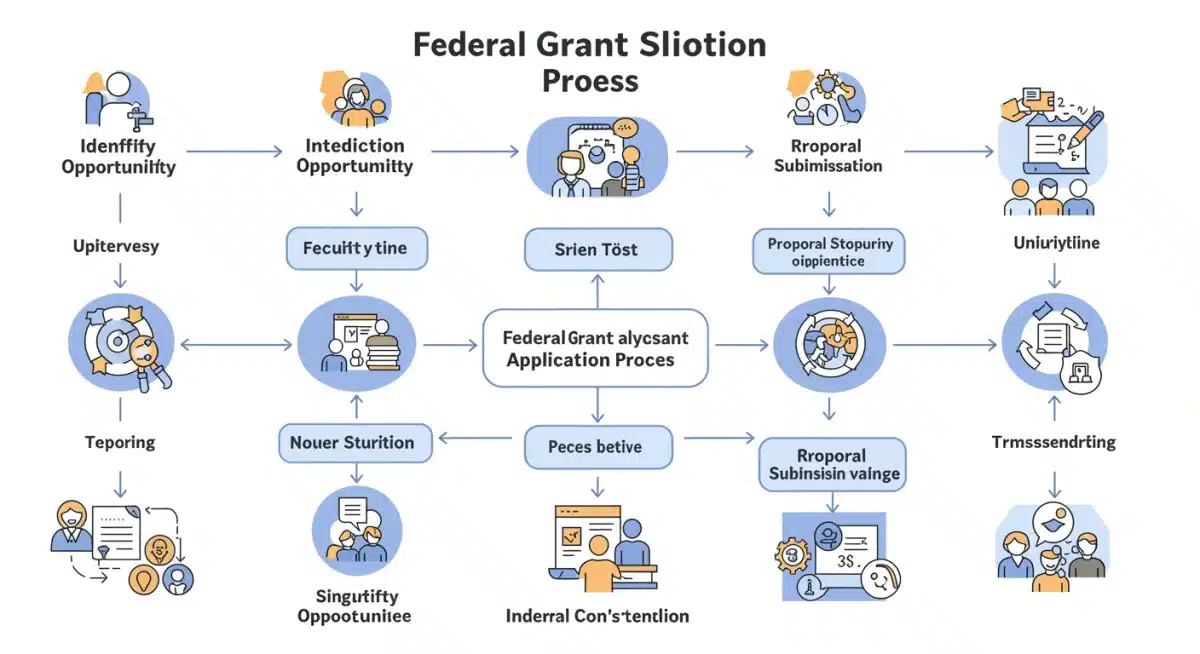 Infographic detailing the step-by-step federal grant application process, from research to reporting.