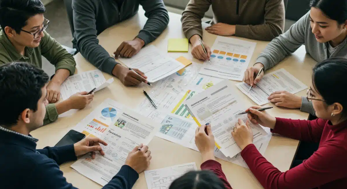 Diverse team collaborating on a federal grant application, reviewing documents and discussing project strategies.