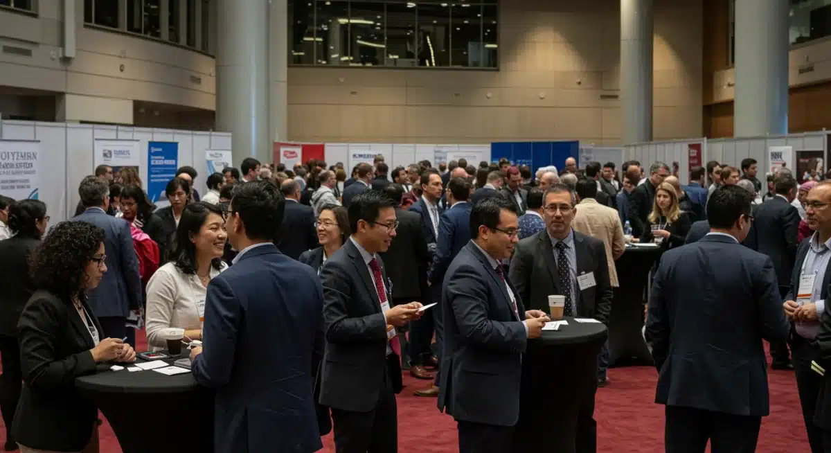 Professionals networking at an industry event, emphasizing career advancement and connections for master's graduates.