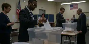Diverse voters casting ballots in a modern polling station, embodying democratic participation.