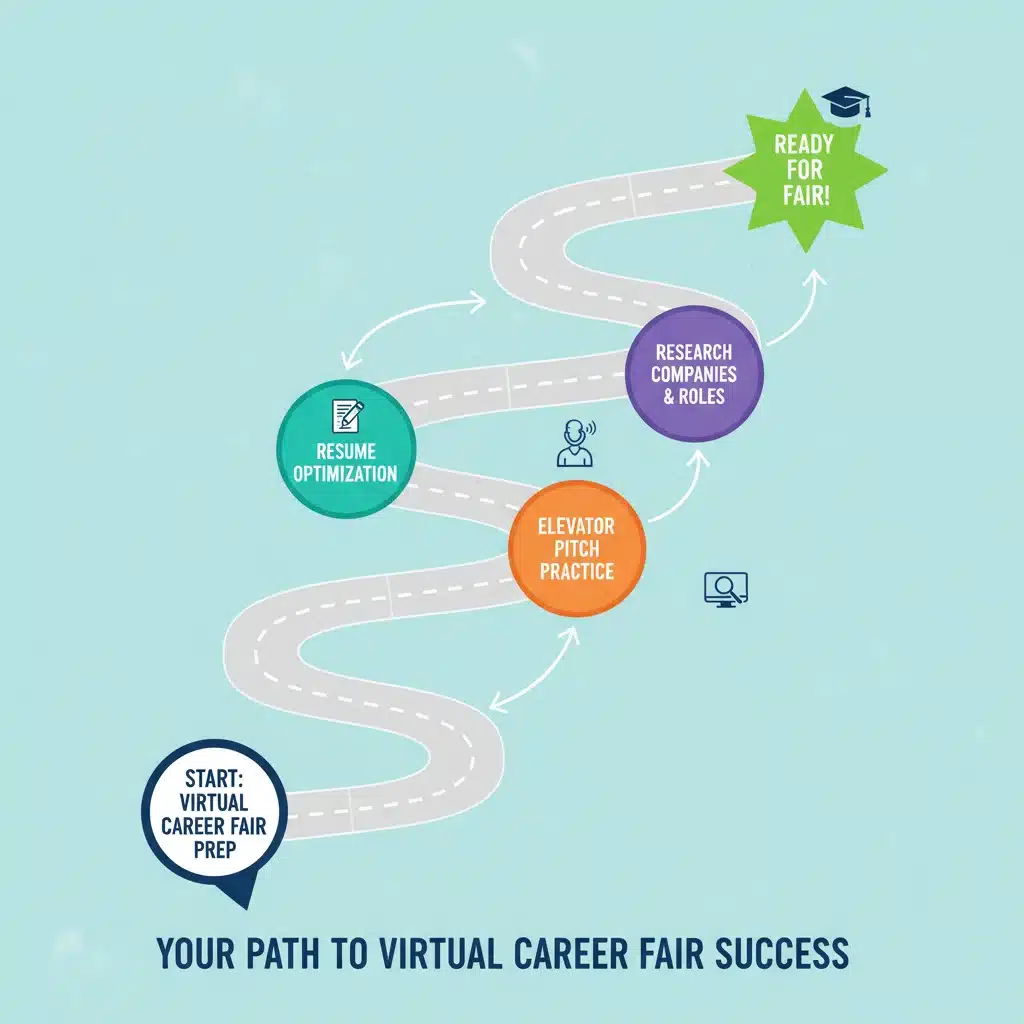 Roadmap illustrating virtual career fair preparation steps: resume, pitch, research.